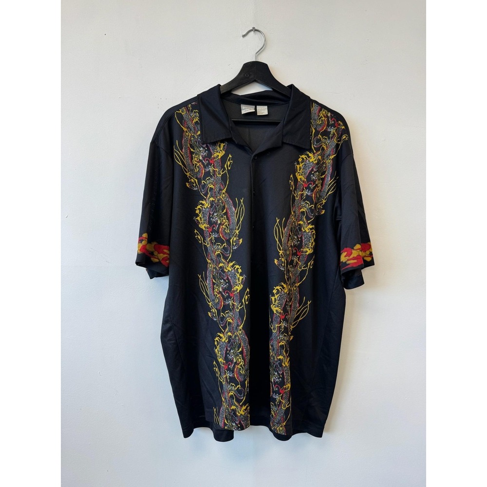 VTG Unity Shirt Large Black Dragon Button Up Camp Bowling Polyester Casual Y2K
